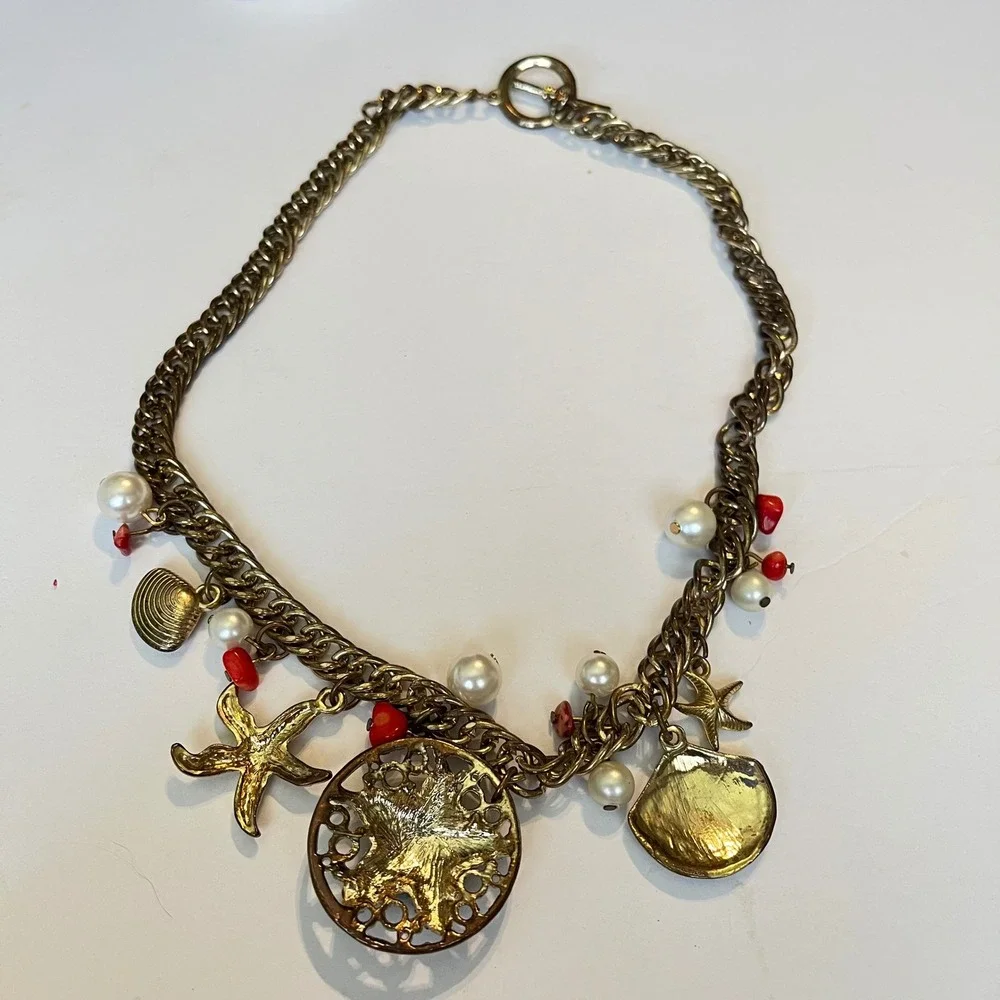 Vintage Charm Necklace Bracelet‎ Set Gold Shell Starfish Pearl Red Bead Coastal